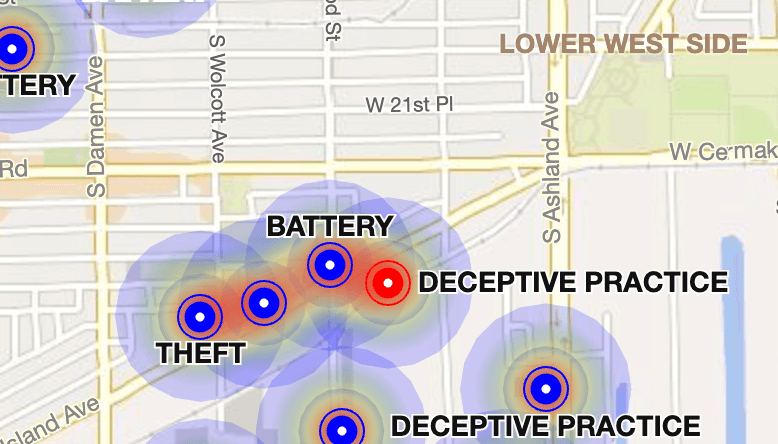 Archived Crime Prediction map showing example model output labels on the project’s Chicago interface.