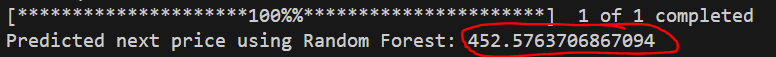 Archived terminal output from Stock Prediction showing a completed Random Forest estimate.